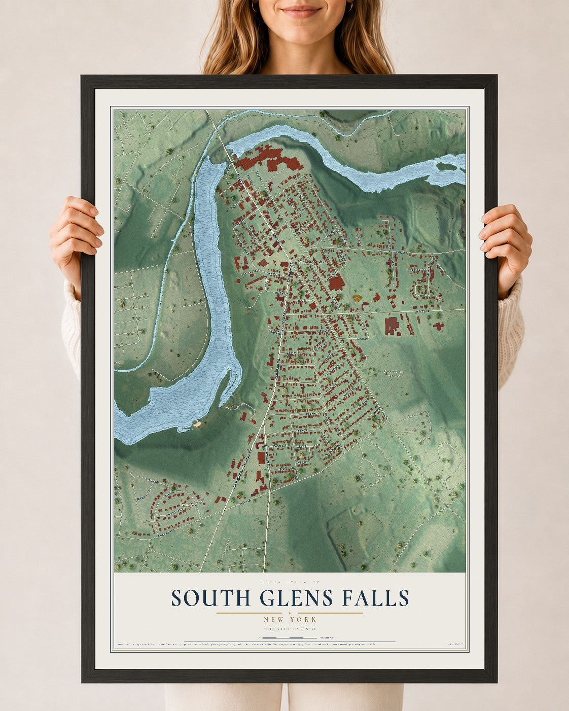 South Glens Falls, New York map print, 24" x 36" W/ Black Ayous Wood Frame mockup