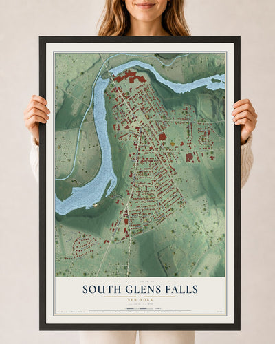 South Glens Falls, New York map print, 24" x 36" W/ Black Ayous Wood Frame mockup