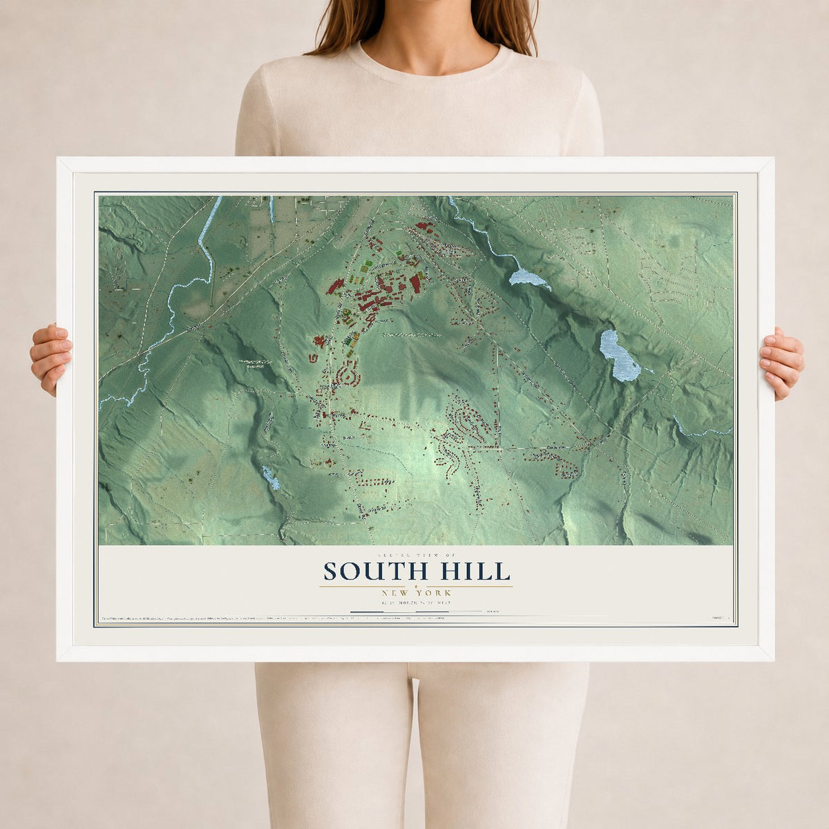 South Hill, New York map print, 24" x 36" W/ White Ayous Wood Frame mockup
