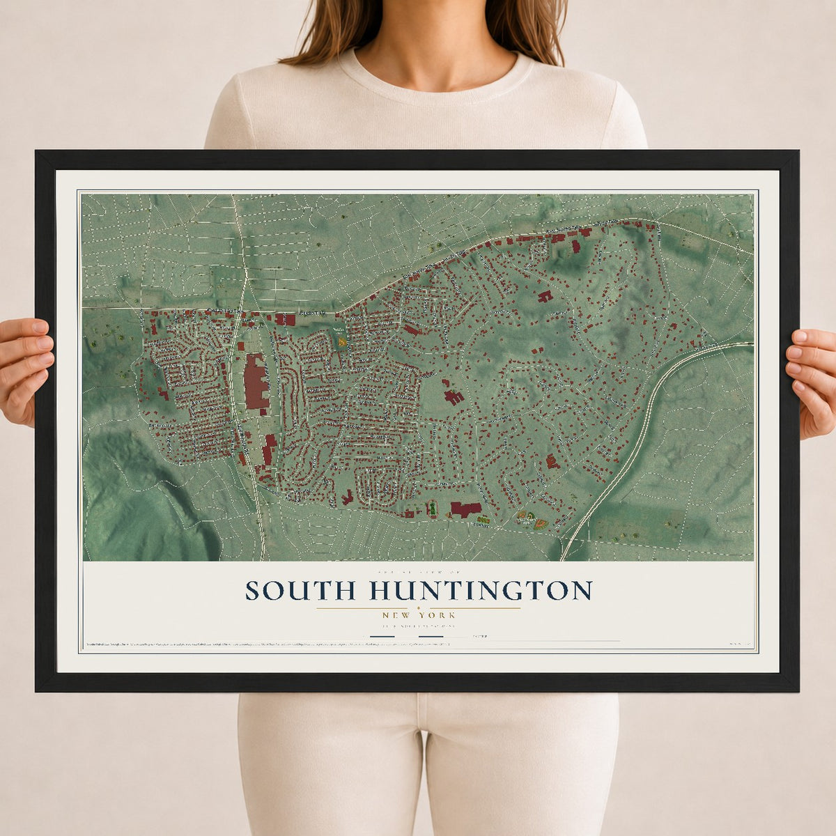 South Huntington, New York map print, 18" x 24" W/ Black Ayous Wood Frame mockup