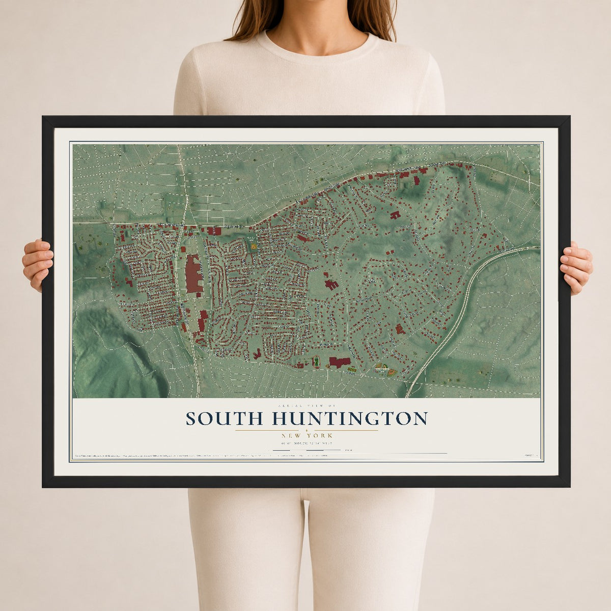 South Huntington, New York map print, 24" x 36" W/ Black Ayous Wood Frame mockup