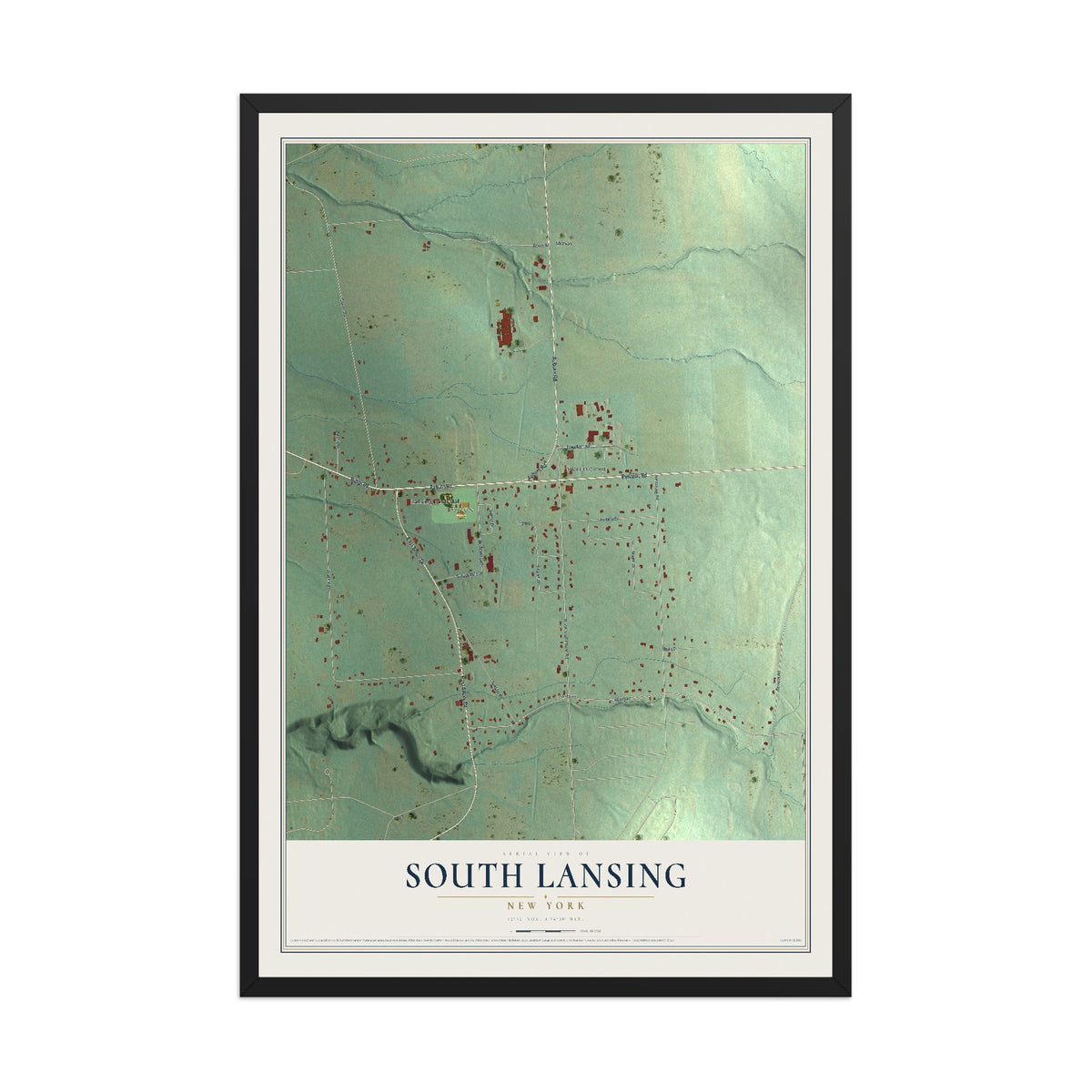 South Lansing, New York map print, 12" x 18" W/ Black Ayous Wood Frame mockup