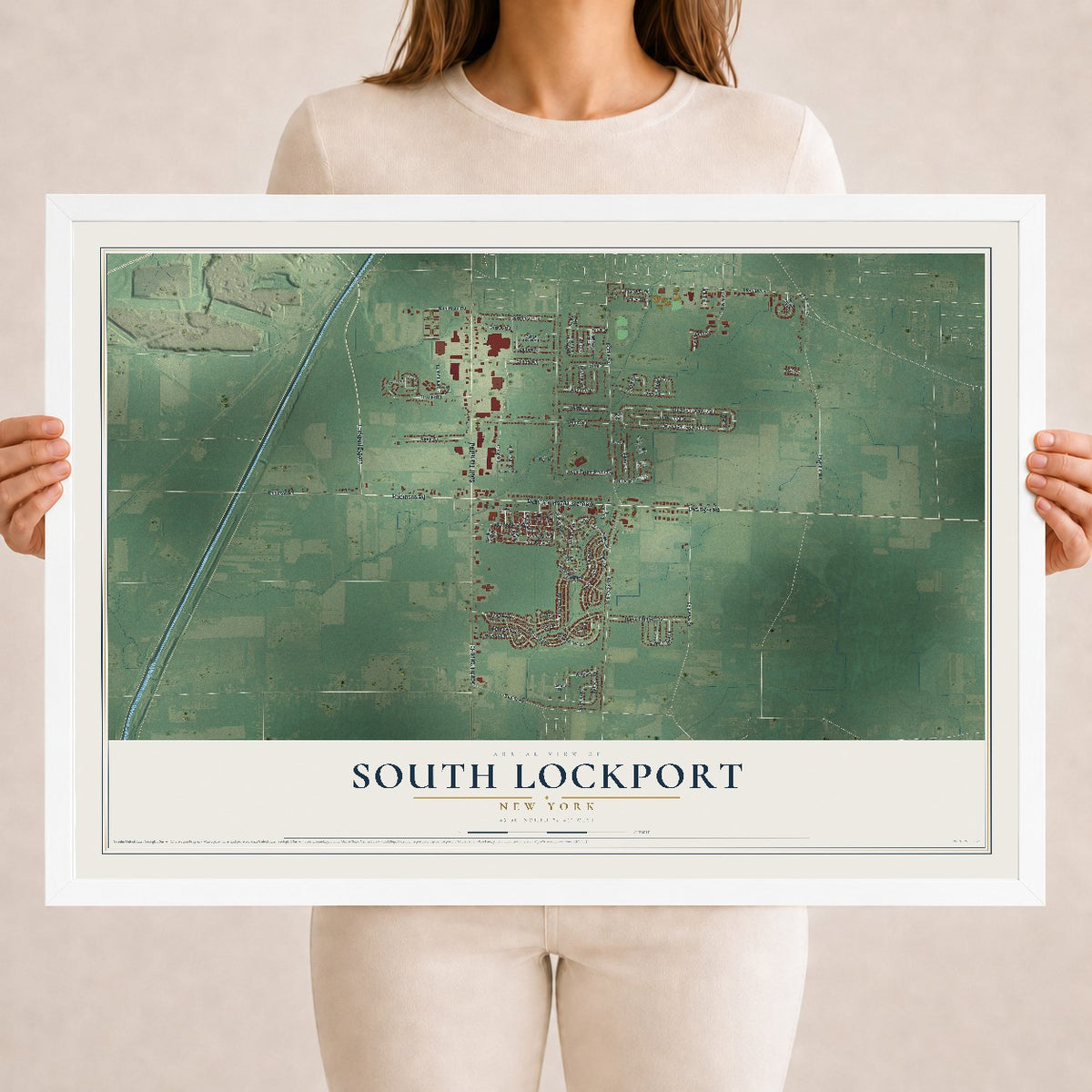 South Lockport, New York map print, 18" x 24" W/ White Ayous Wood Frame mockup