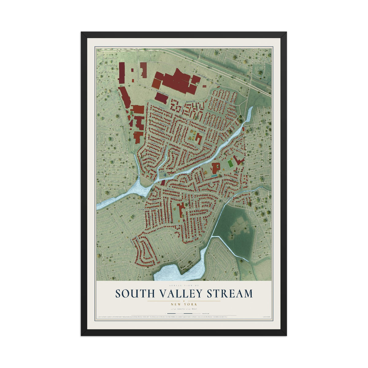 South Valley Stream, New York map print, 12" x 18" W/ Black Ayous Wood Frame mockup