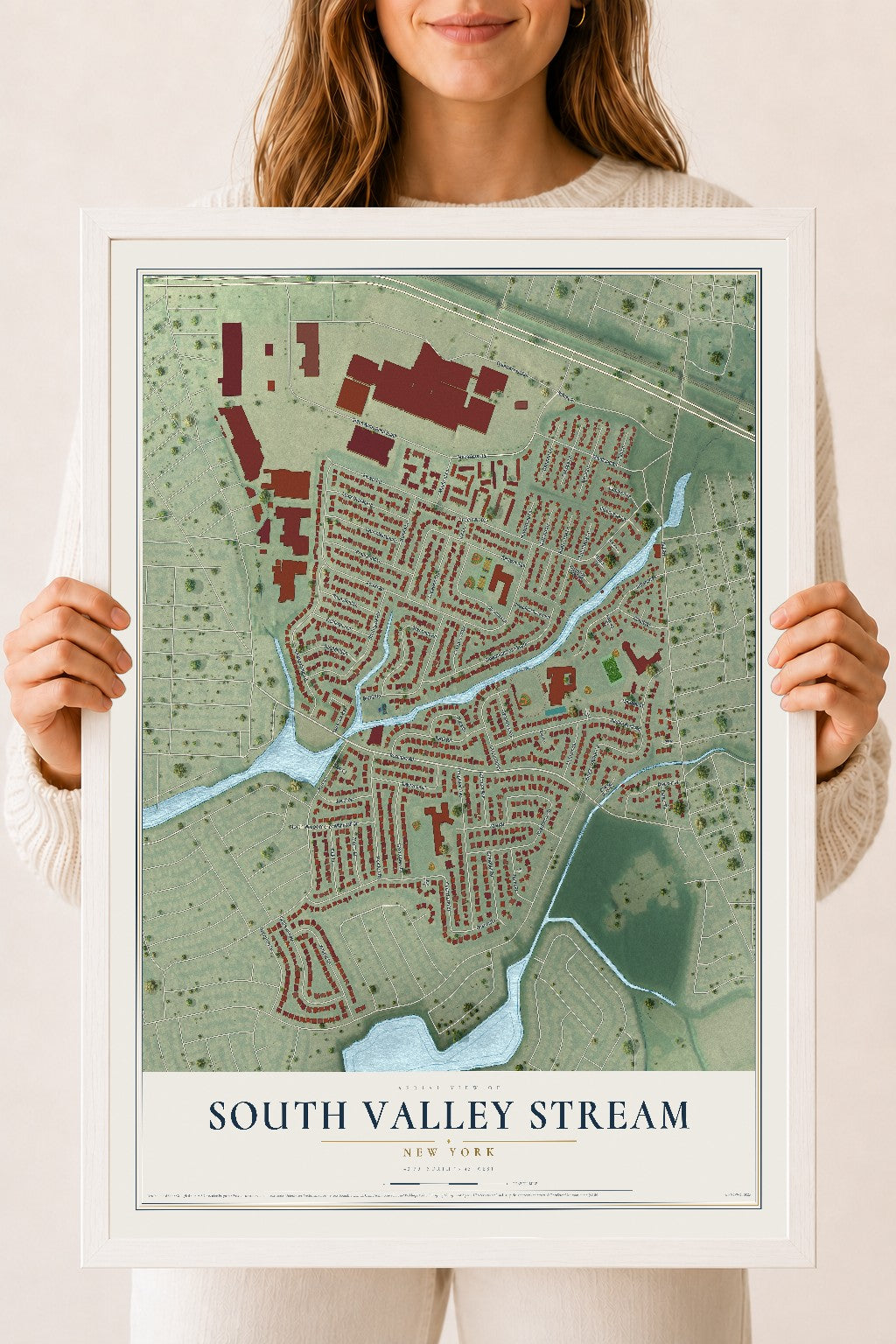 South Valley Stream, New York map print, 18" x 24" W/ White Ayous Wood Frame mockup