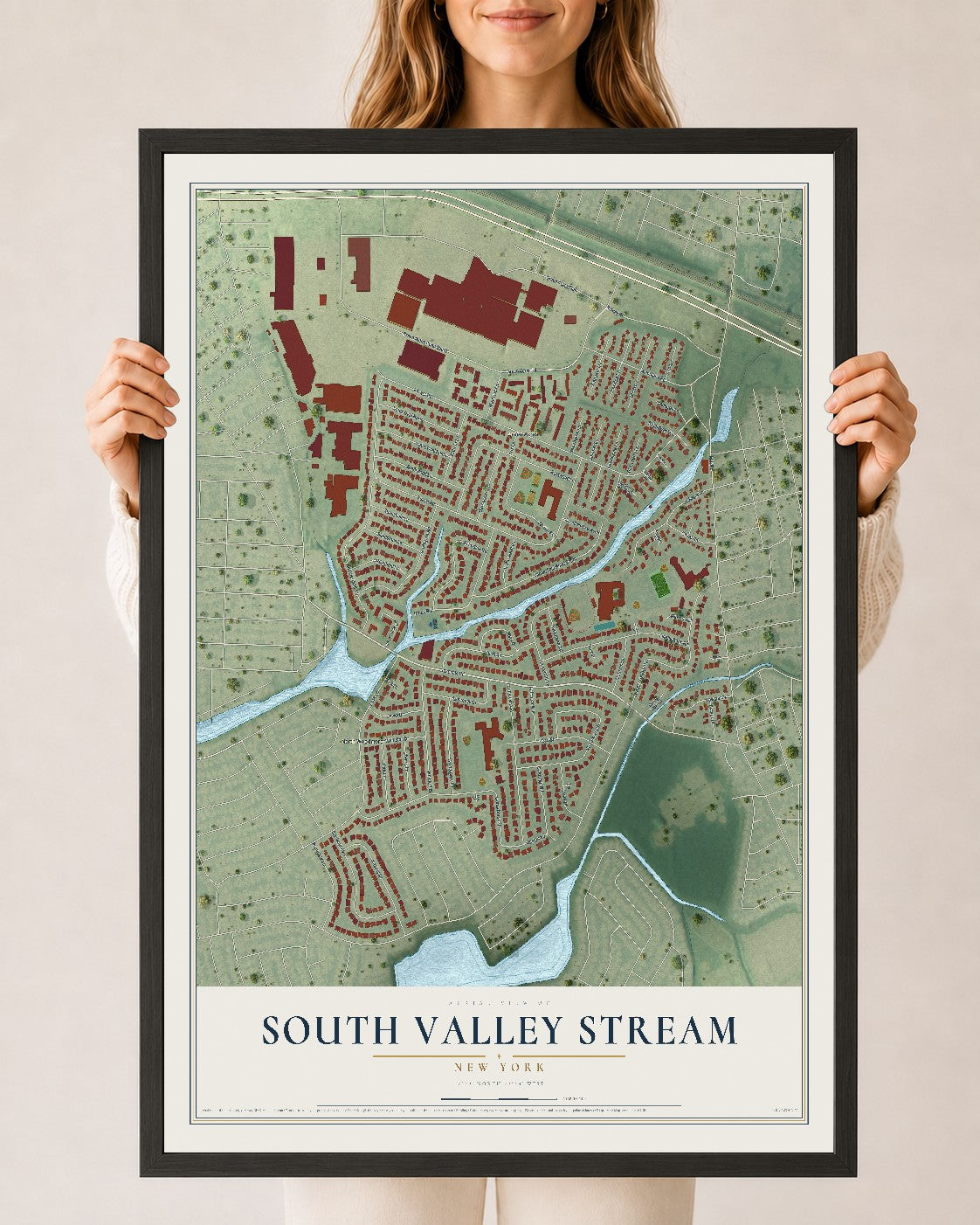 South Valley Stream, New York map print, 24" x 36" W/ Black Ayous Wood Frame mockup