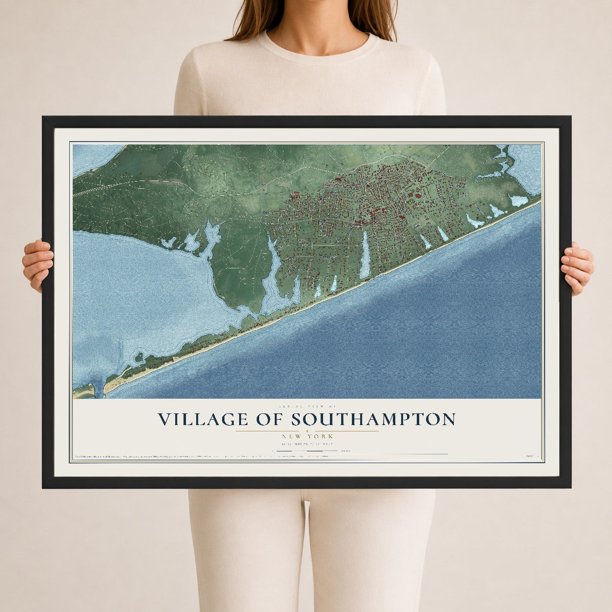 Southampton, New York map print, 24" x 36" W/ Black Ayous Wood Frame mockup