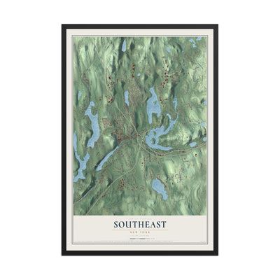 Southeast, New York map print, 12" x 18" W/ Black Ayous Wood Frame mockup