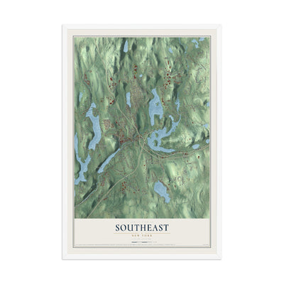 Southeast, New York map print, 12" x 18" W/ White Ayous Wood Frame mockup