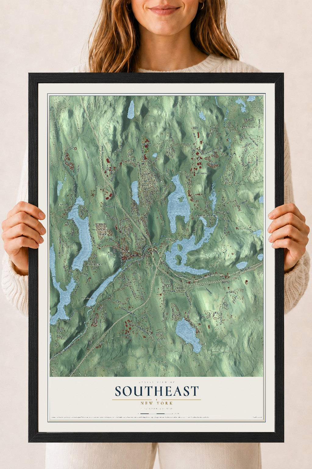 Southeast, New York map print, 18" x 24" W/ Black Ayous Wood Frame mockup