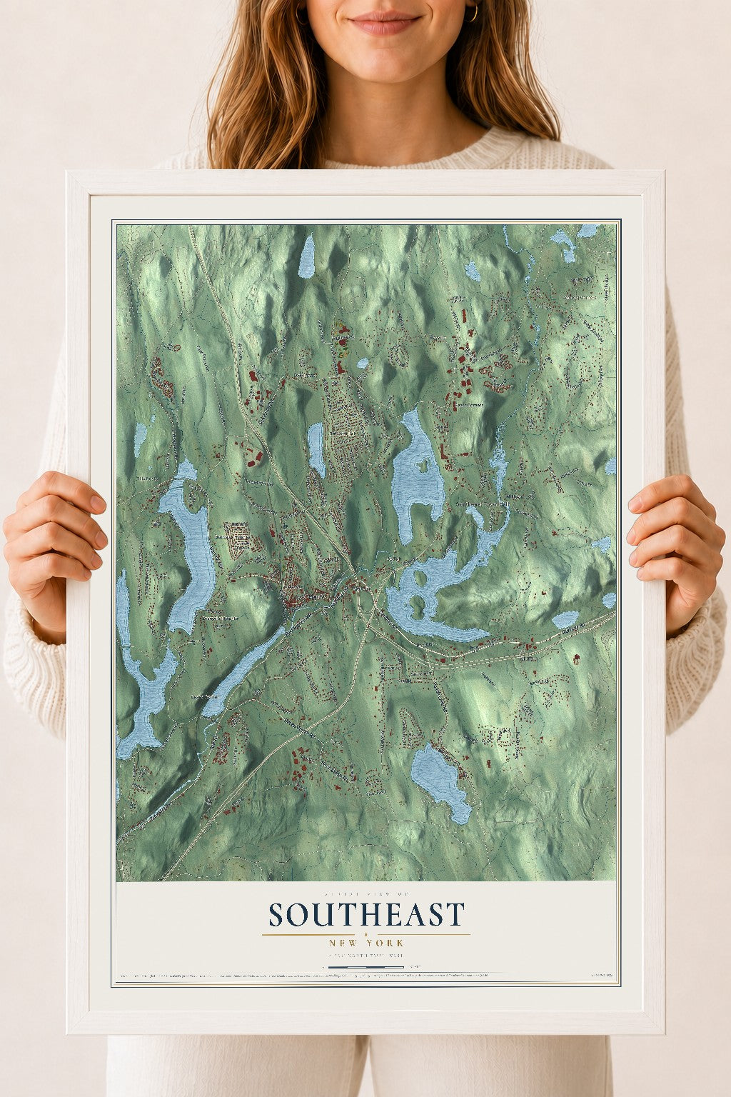 Southeast, New York map print, 18" x 24" W/ White Ayous Wood Frame mockup