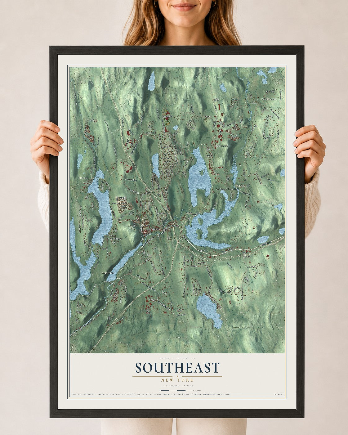 Southeast, New York map print, 24" x 36" W/ Black Ayous Wood Frame mockup