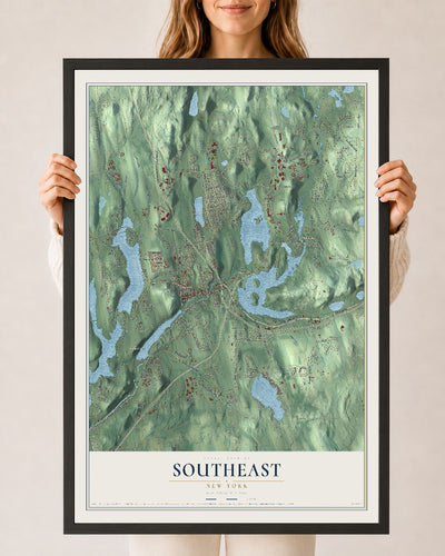 Southeast, New York map print, 24" x 36" W/ Black Ayous Wood Frame mockup