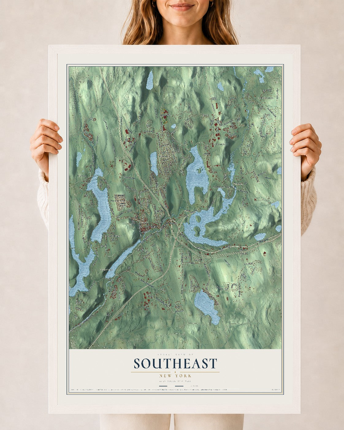 Southeast, New York map print, 24" x 36" W/ White Ayous Wood Frame mockup