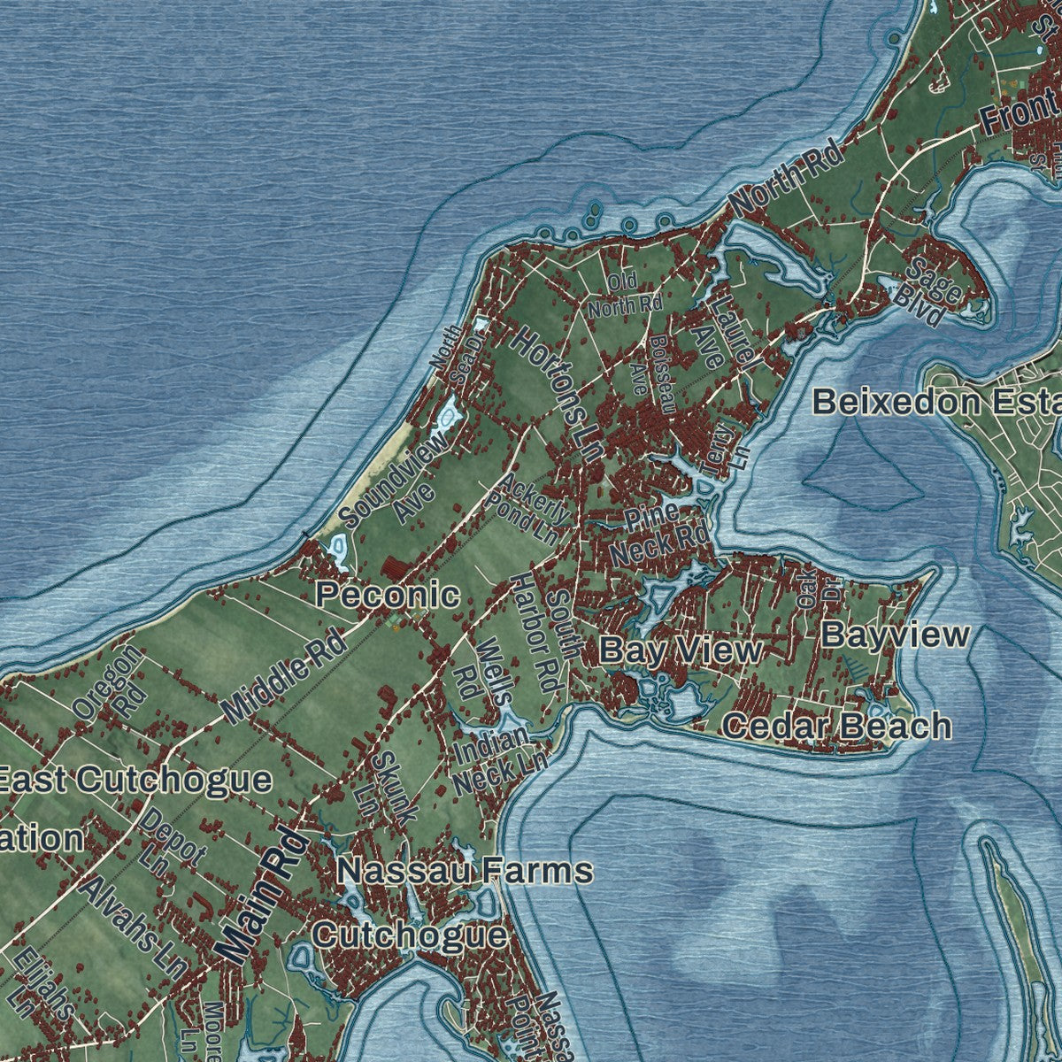 Close-up 2 of the Southold, New York map artwork
