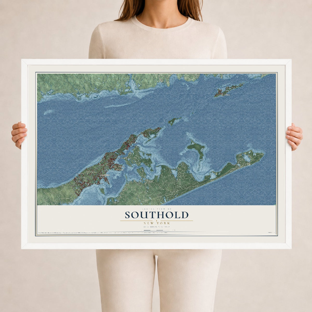 Southold, New York map print, 24" x 36" W/ White Ayous Wood Frame mockup