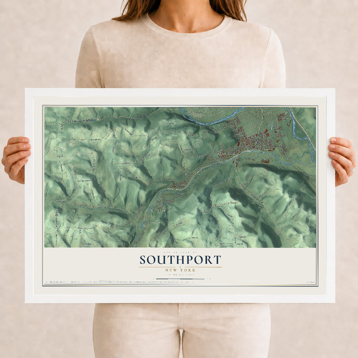Southport, New York map print, 12" x 18" W/ White Ayous Wood Frame mockup
