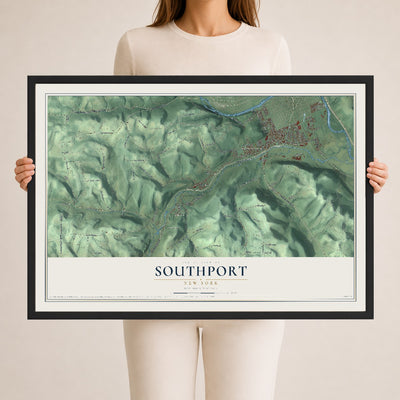 Southport, New York map print, 24" x 36" W/ Black Ayous Wood Frame mockup