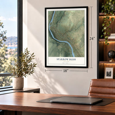Sparrow Bush, New York map, 18 x 24 inch print in a black frame in a home office