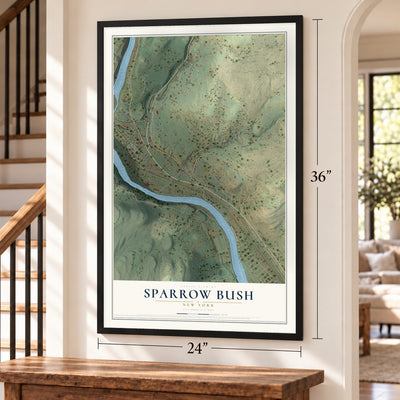 Sparrow Bush, New York map, 24 x 36 inch print in a black frame by a staircase