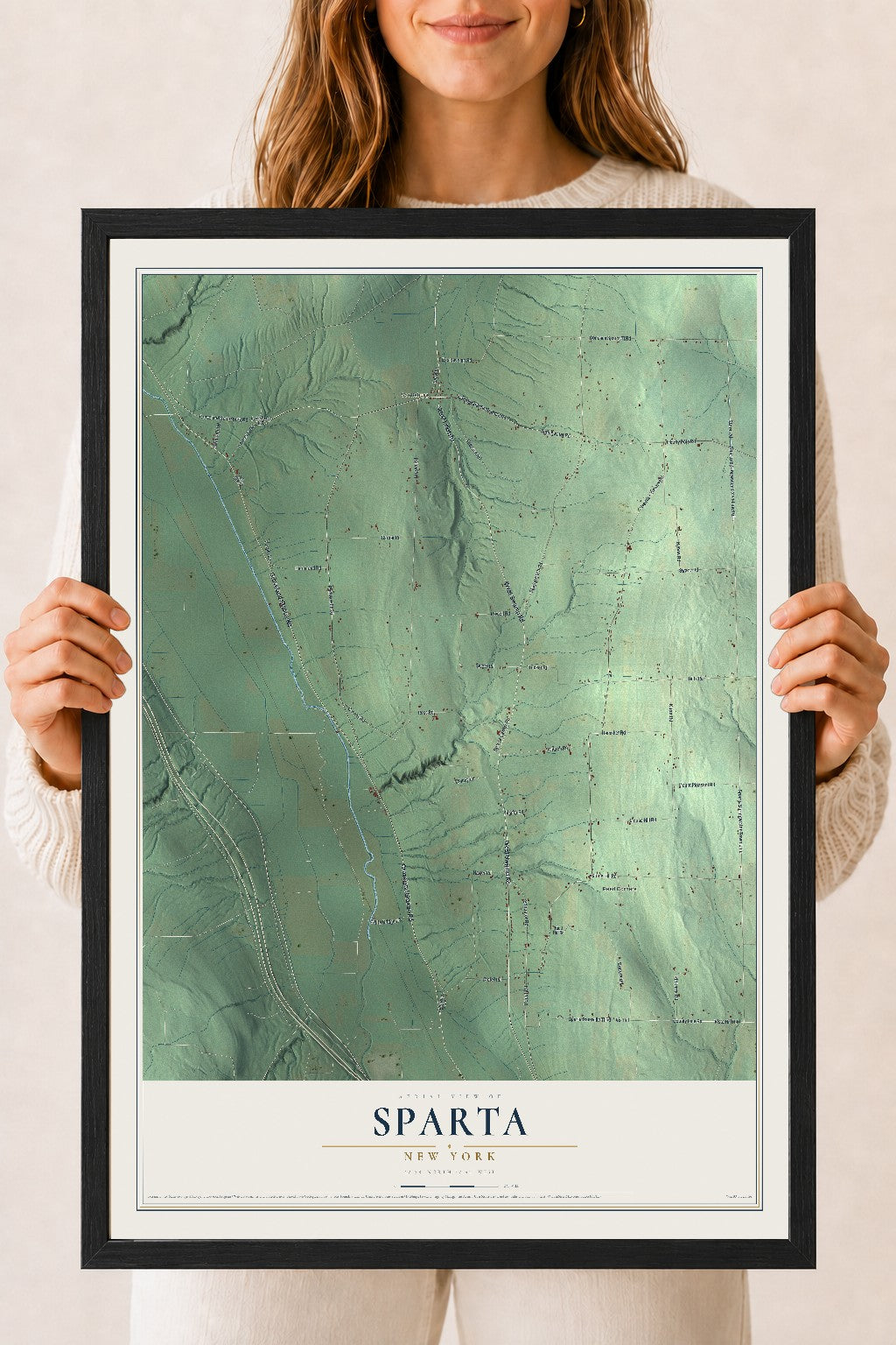 Sparta, New York map print, 18" x 24" W/ Black Ayous Wood Frame mockup