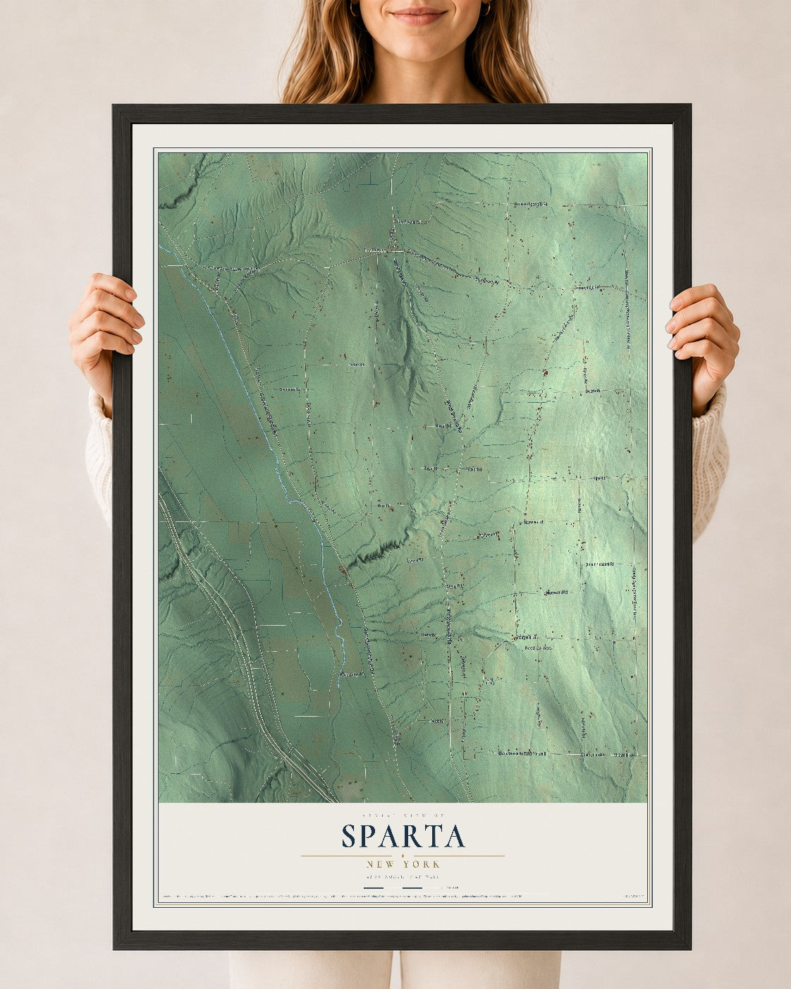 Sparta, New York map print, 24" x 36" W/ Black Ayous Wood Frame mockup