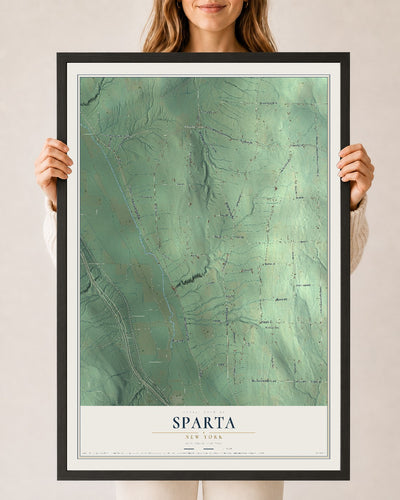 Sparta, New York map print, 24" x 36" W/ Black Ayous Wood Frame mockup