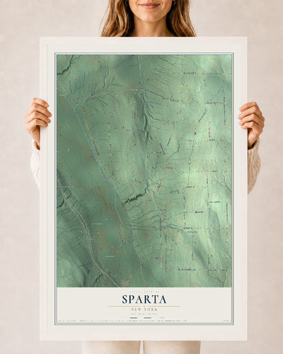 Sparta, New York map print, 24" x 36" W/ White Ayous Wood Frame mockup