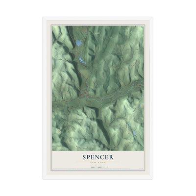 Spencer, New York map print, 12" x 18" W/ White Ayous Wood Frame mockup