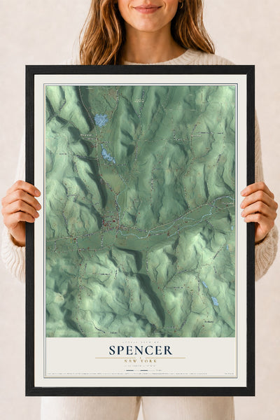 Spencer, New York map print, 18" x 24" W/ Black Ayous Wood Frame mockup