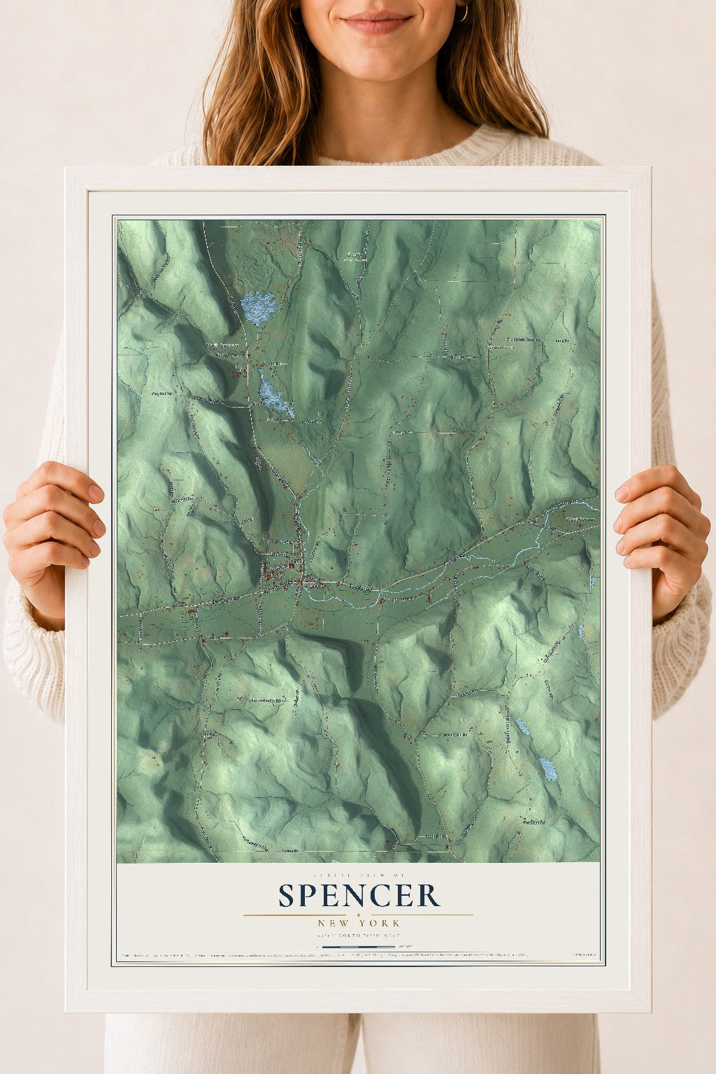 Spencer, New York map print, 18" x 24" W/ White Ayous Wood Frame mockup