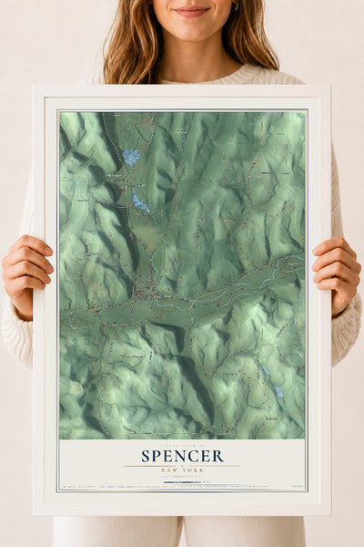 Spencer, New York map print, 18" x 24" W/ White Ayous Wood Frame mockup