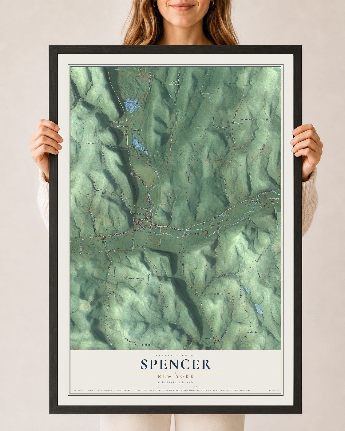 Spencer, New York map print, 24" x 36" W/ Black Ayous Wood Frame mockup