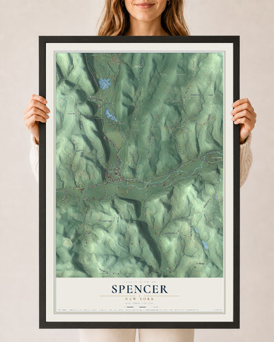 Spencer, New York map print, 24" x 36" W/ Black Ayous Wood Frame mockup