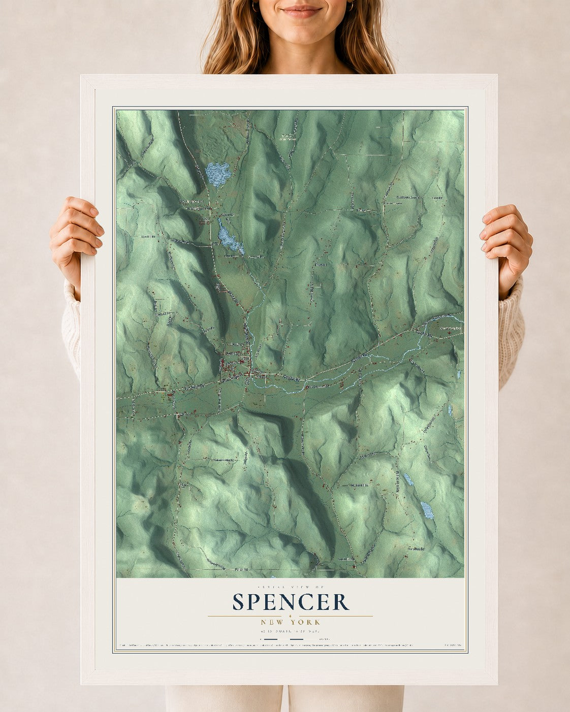 Spencer, New York map print, 24" x 36" W/ White Ayous Wood Frame mockup