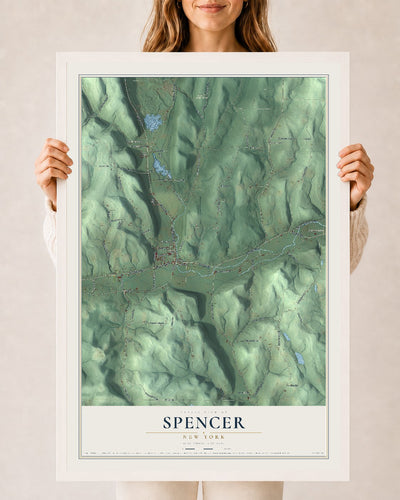 Spencer, New York map print, 24" x 36" W/ White Ayous Wood Frame mockup