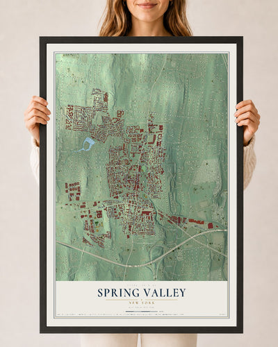 Spring Valley, New York map print, 24" x 36" W/ Black Ayous Wood Frame mockup