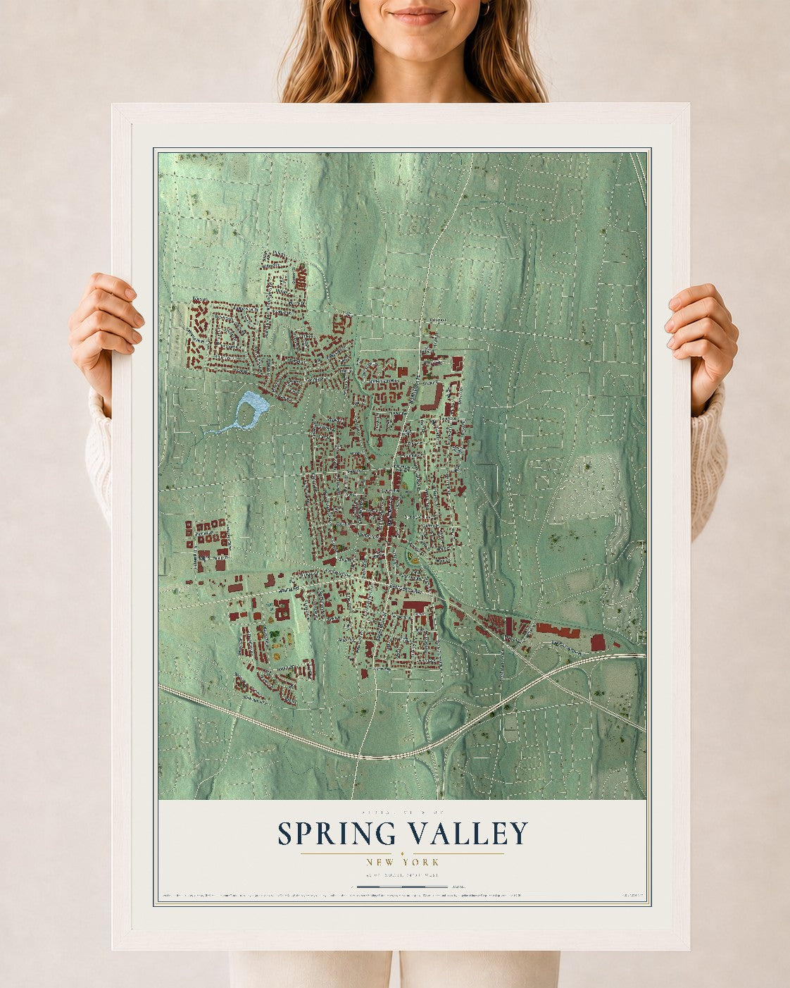 Spring Valley, New York map print, 24" x 36" W/ White Ayous Wood Frame mockup
