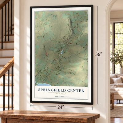 Springfield Center, New York map, 24 x 36 inch print in a black frame by a staircase