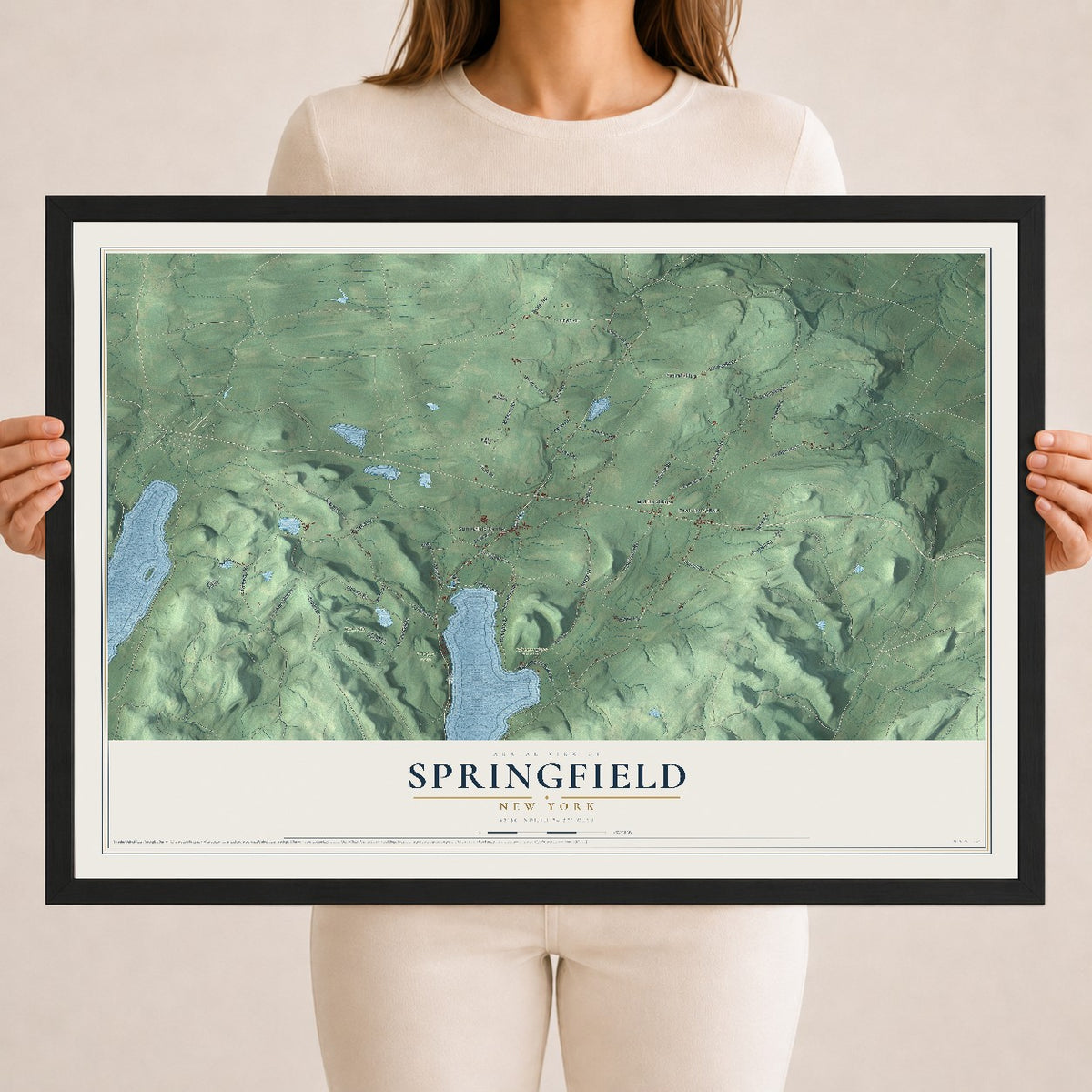 Springfield, New York map print, 18" x 24" W/ Black Ayous Wood Frame mockup