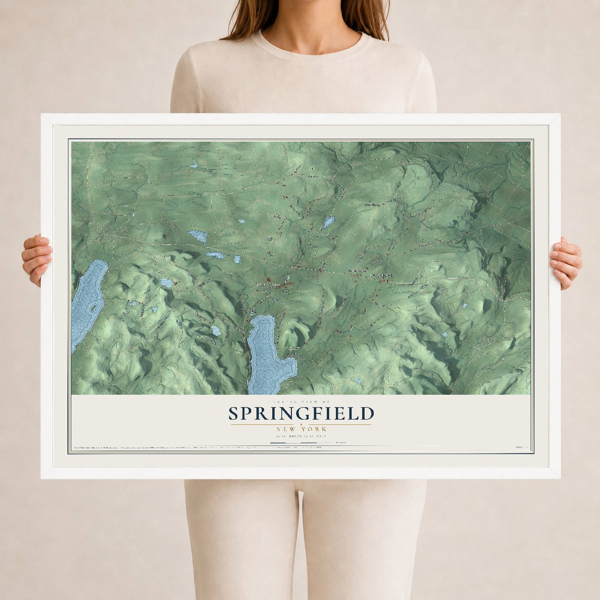 Springfield, New York map print, 24" x 36" W/ White Ayous Wood Frame mockup