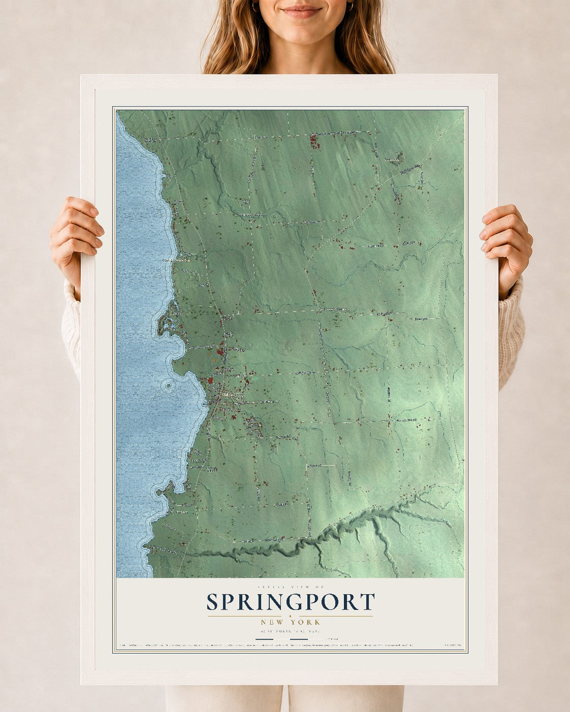 Springport, New York map print, 24" x 36" W/ White Ayous Wood Frame mockup