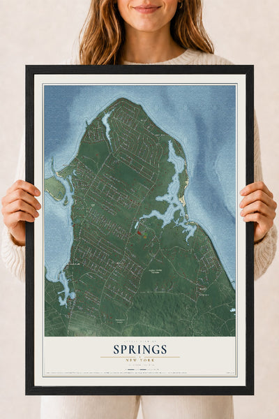 Springs, New York map print, 18" x 24" W/ Black Ayous Wood Frame mockup