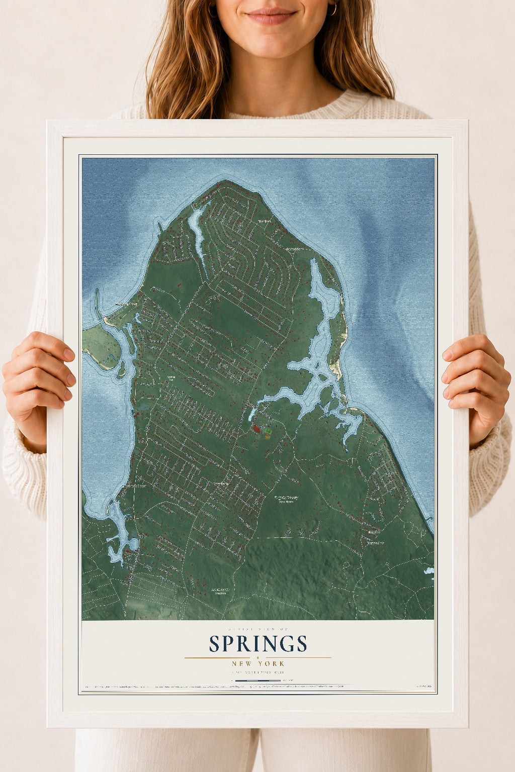 Springs, New York map print, 18" x 24" W/ White Ayous Wood Frame mockup
