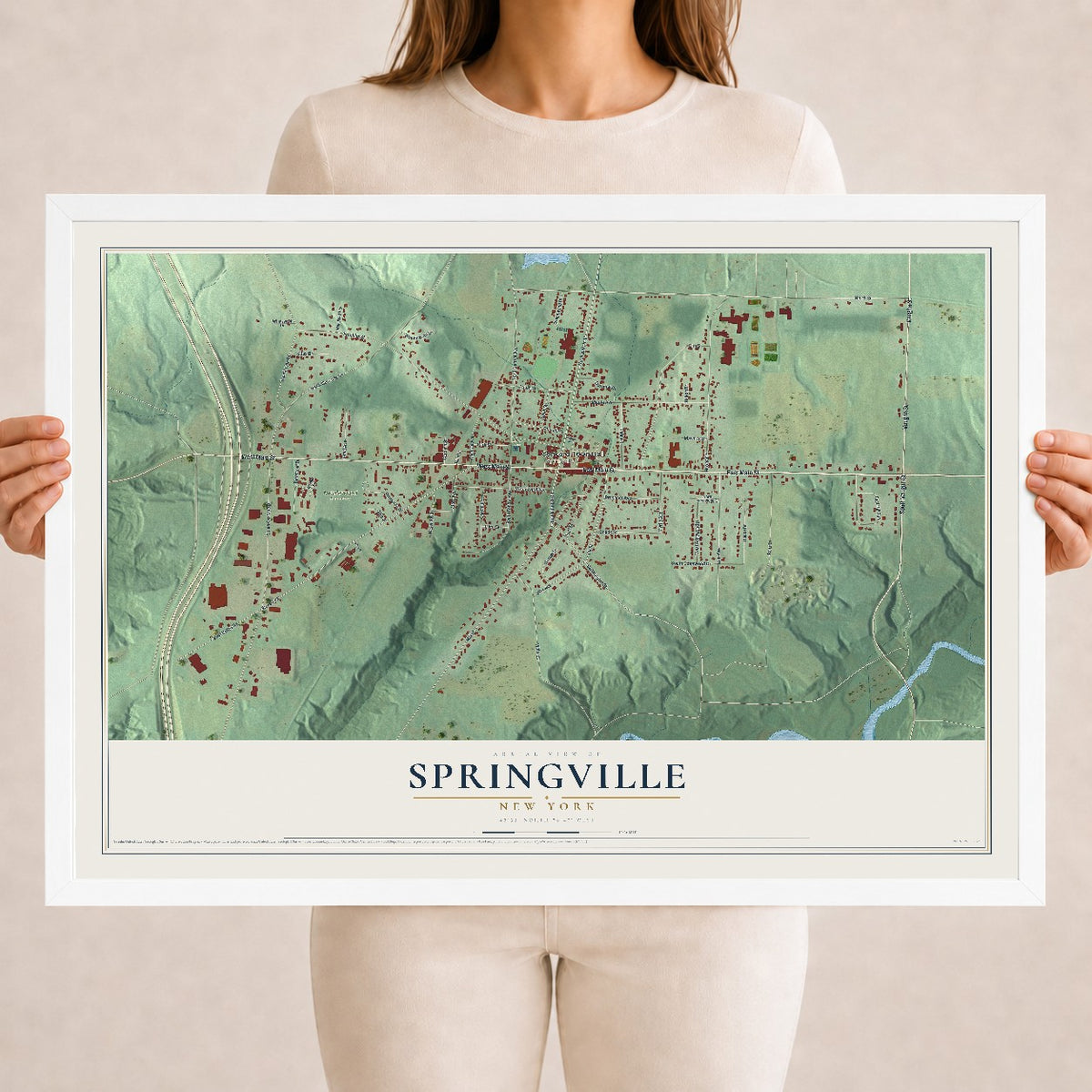 Springville, New York map print, 18" x 24" W/ White Ayous Wood Frame mockup