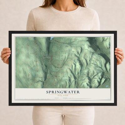 Springwater, New York map print, 12" x 18" W/ Black Ayous Wood Frame mockup