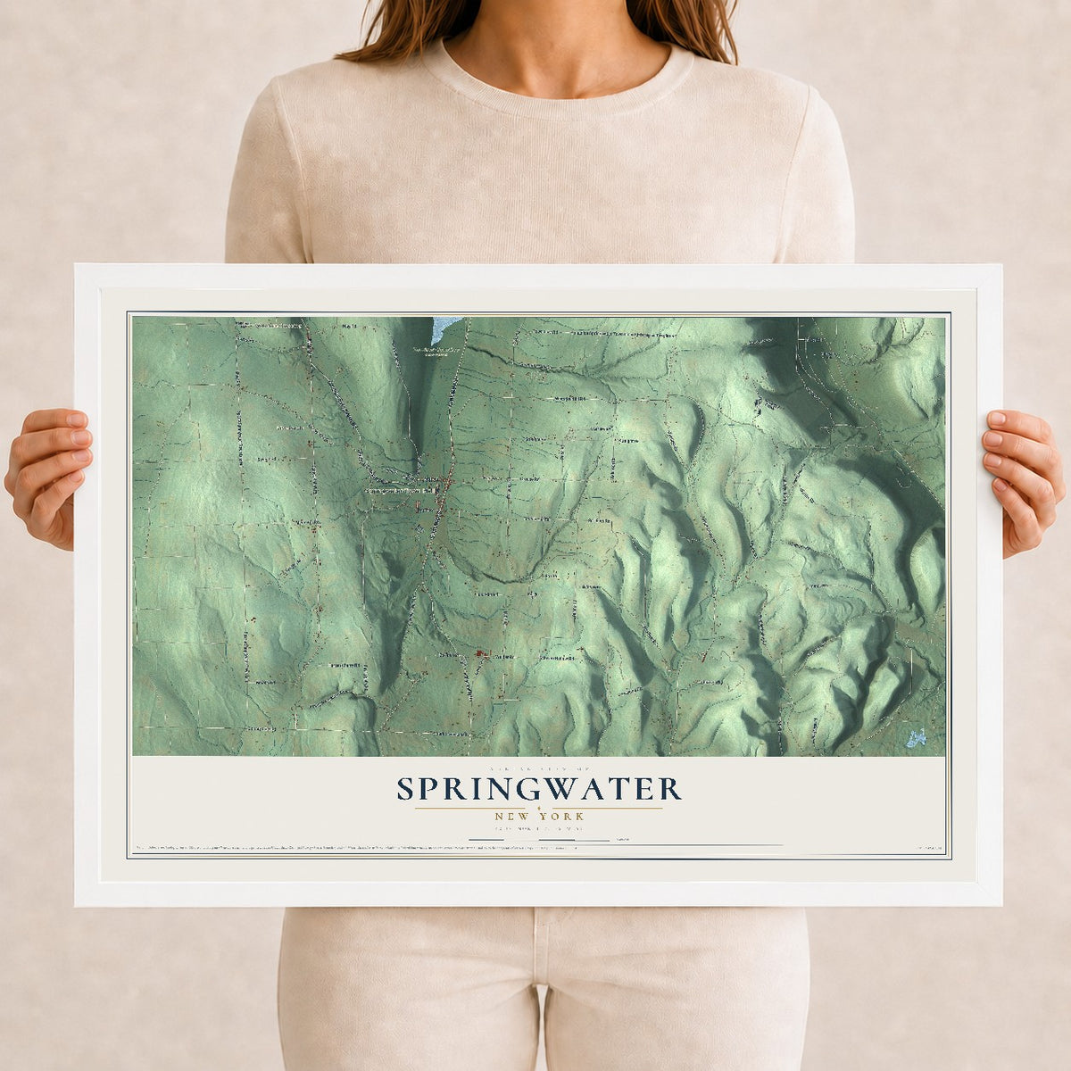 Springwater, New York map print, 12" x 18" W/ White Ayous Wood Frame mockup