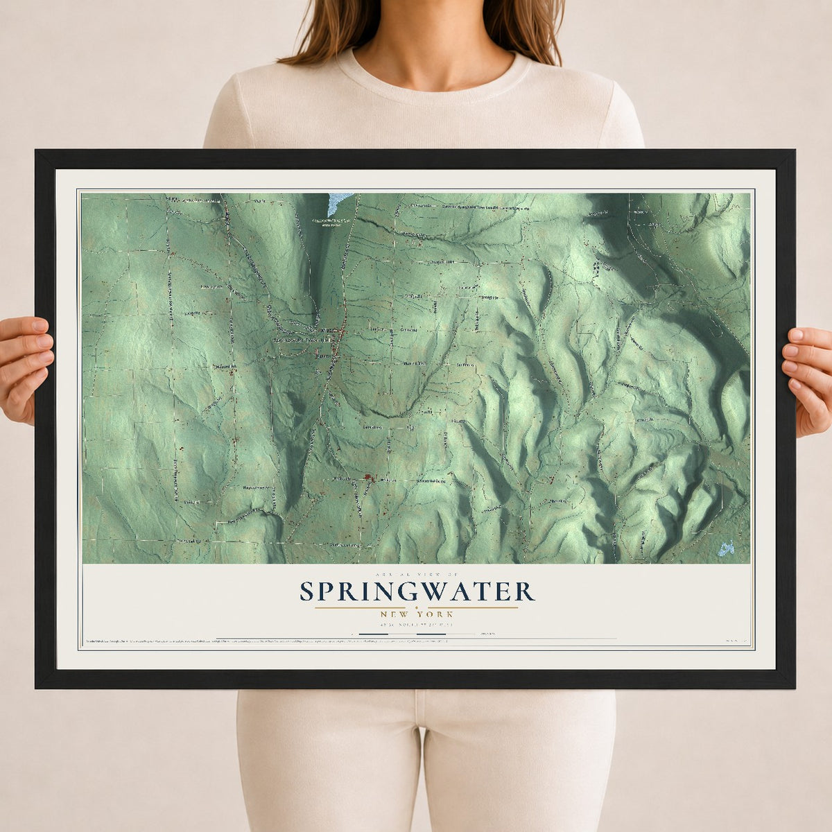 Springwater, New York map print, 18" x 24" W/ Black Ayous Wood Frame mockup