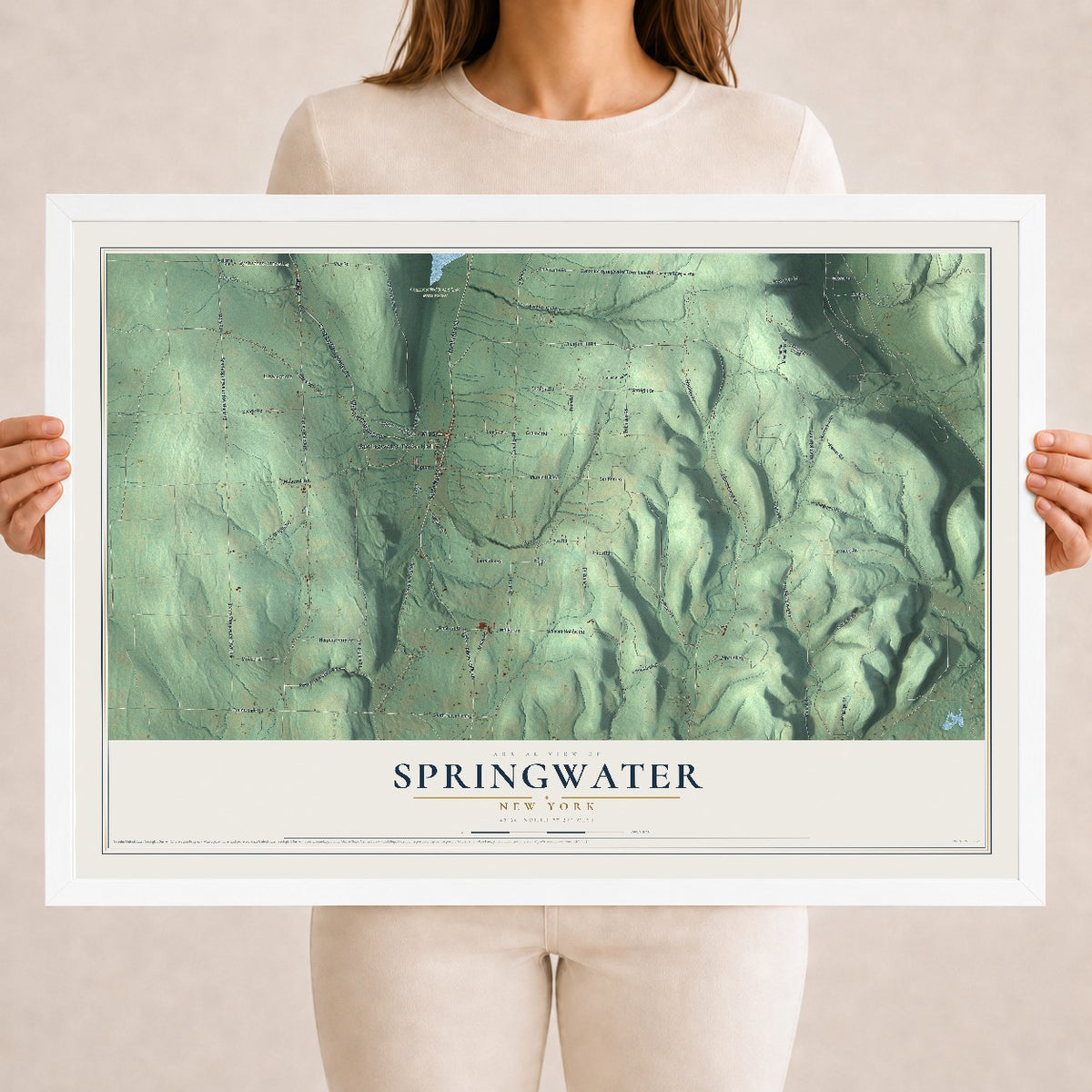 Springwater, New York map print, 18" x 24" W/ White Ayous Wood Frame mockup