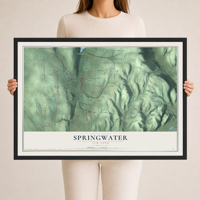 Springwater, New York map print, 24" x 36" W/ Black Ayous Wood Frame mockup